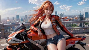 橙发机车美少女天台留影
