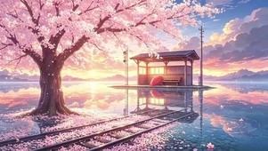 唯美夕阳下镜湖樱花站