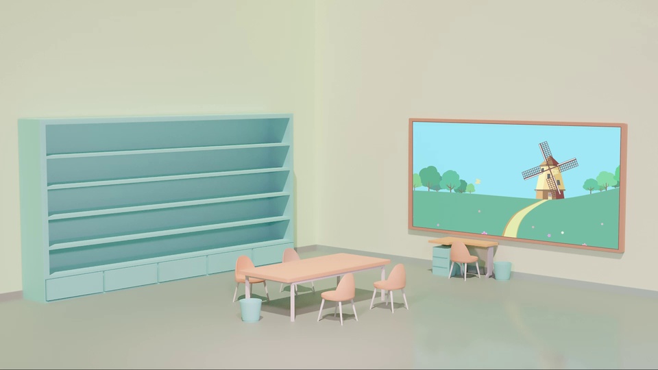 书桌主题的3D简约童趣室内活动室，低饱和浅色调，设有浅蓝色空置物柜、浅橙色长桌餐椅与墙挂卡通插画屏幕。