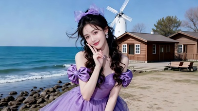 海边木屋前可爱又迷人的美女