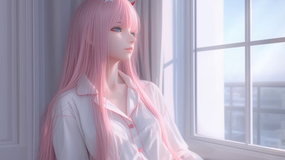 窗户边阳光女孩零二