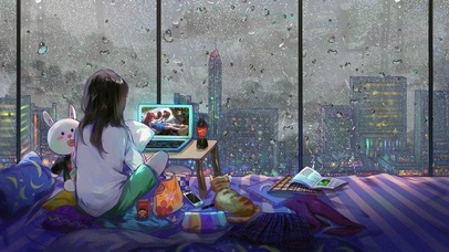 4K雨天城市窗边动漫少女