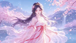 流水樱落月下美人
