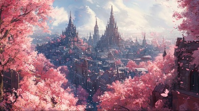 粉色樱花古风高塔城市