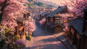 粉色樱花日系古城建筑