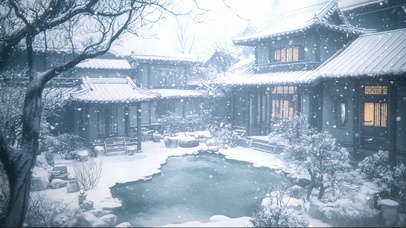 冬日大雪园林庭院池塘