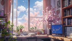 护眼窗外樱花树木