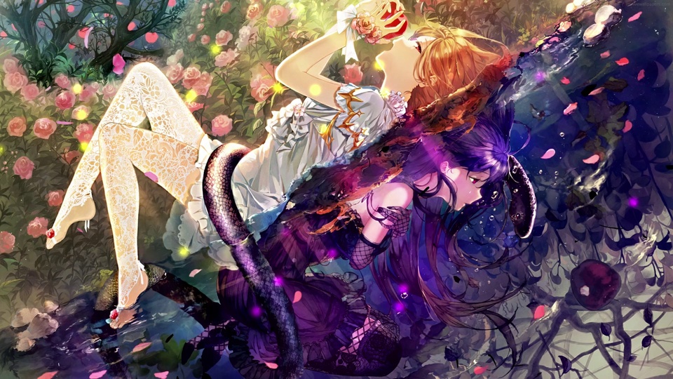 二次元插画，两名背对背融合的女性身处玫瑰丛，脚下积水带有倒影，暖金与冷紫交织，点缀粉色玫瑰。