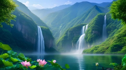 护眼绿色瀑布荷花