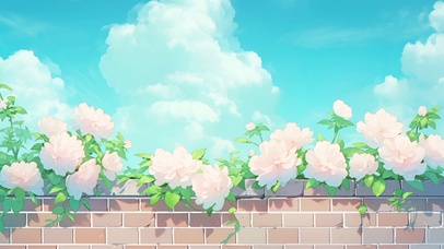 蓝天下的墙边牡丹