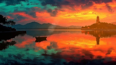 梦幻晚霞湖泊泛舟