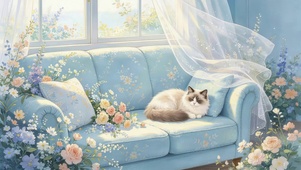 沙发上鲜花猫咪