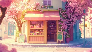 粉色春日浪漫街角商店