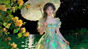 湖边夜色下执伞少女天空烟花