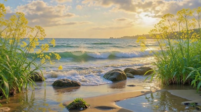 夕阳海滨黄花浪漫海景