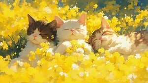 花海中抱团酣睡的三只奶猫