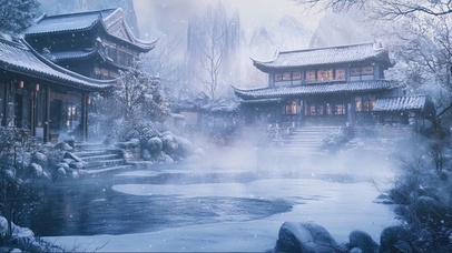 雪日朦胧雾气古风庭院