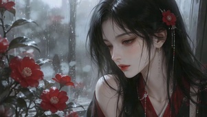 雨窗红衣少女