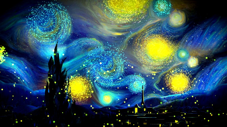 蓝黄发光星团的手绘星夜，下方分布亮灯民居与深色剪影。