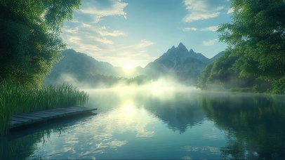 阳光迷雾山林湖泊码头