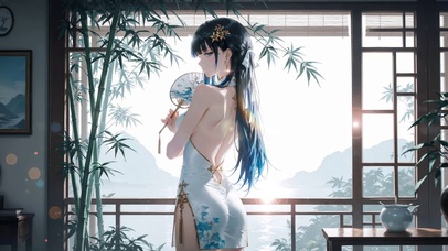 古风旗袍-黑发少女-竹窗远山
