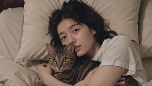 赖床撸猫少女