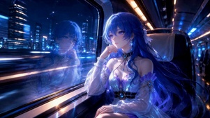 夜晚列车上的蓝发美少女