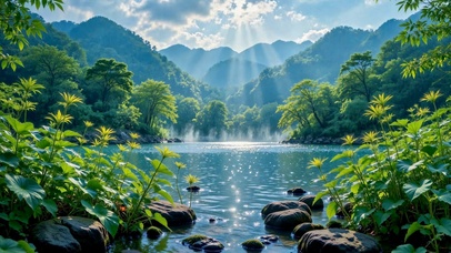 清新山水晨光治愈风景