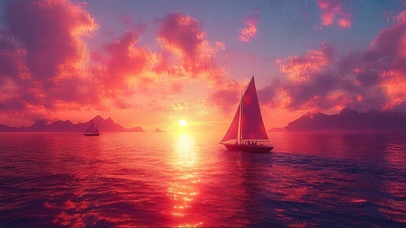 梦幻晚霞海面帆船