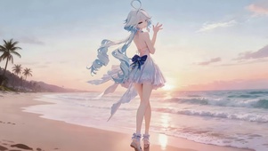 晚霞海边看海女孩