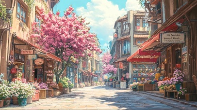 夏日小镇樱花商店街道