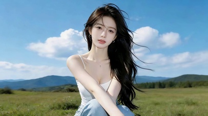 蓝天下草地女孩