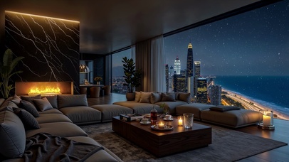 都市雪夜海景豪宅