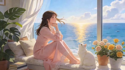 窗外海边女孩与萌宠