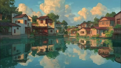 黄昏蓝天小城古镇湖畔