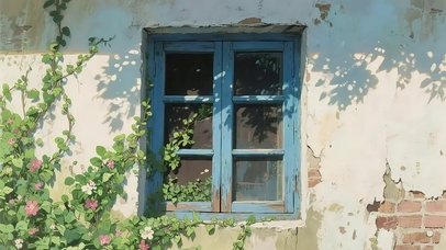 清新阳光绿植小屋墙面