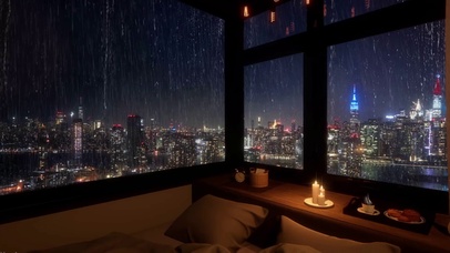 舒适卧室雨点落在窗户上