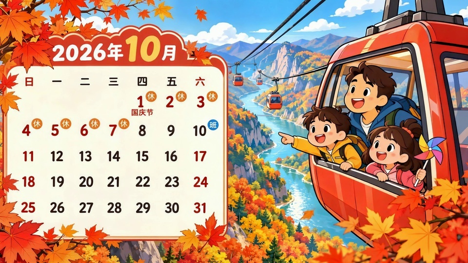 带枫叶装饰的2026年10月日历旁，红色缆车内坐满开心的出游家人，背景是秋日彩林河谷。