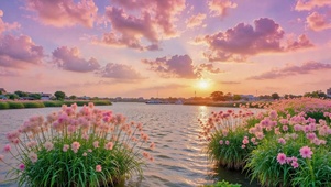 夕阳河畔粉色花海