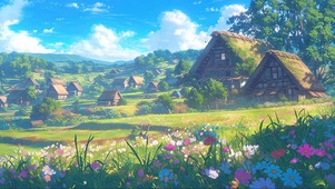 清新蓝天茅草屋乡村