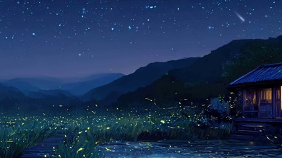 夜景树木河流房屋带鱼屏