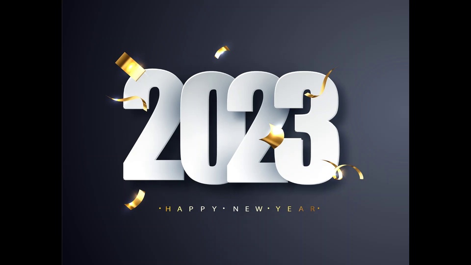 深灰渐变背景的3D新年画面，中央是白色立体2023字样搭配金色丝带，下方排布HAPPY NEW YEAR文字。