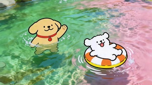 线条小狗悠闲夏日漂流