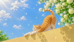 橘猫花墙伸懒腰