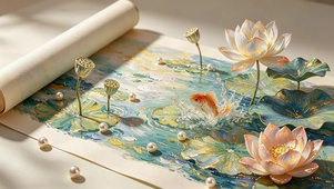 荷花锦鲤画轴