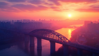 粉色朝霞日出河面大桥