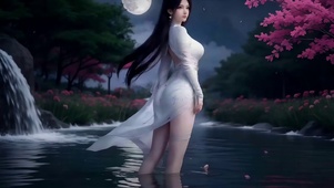 傍晚在溪边踏水的古风美女