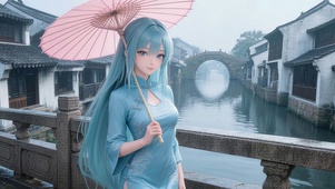 江南水乡蓝发美女