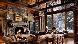 温暖的木屋客厅，窗外飞雪漫天