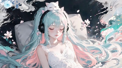 青发少女和闭目养神的白猫